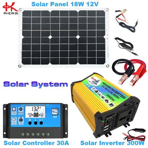 Q1Y Sistem de energie solara = Invertor Convertor Transformator 12 V 110 V 220 V 300 W Incarcare + Panou Solar 18 W 12 V / 5 V + Controler 30 A