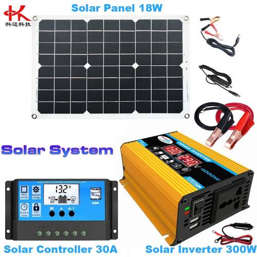 Sistem de alimentare = Invertor de energie solara 12v la AC 220v / 110v 300w + panou solar 18w 12v / USB 5v + controler 30A