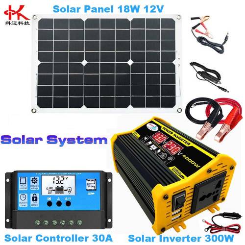Sistem de alimentare Q2B = transformator invertor de energie solara12 v la 110 v 220 v 300 w + panou solar 18w 12v / USB 5v + controler 30A