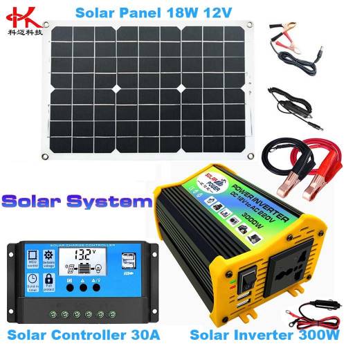 Sistem de energie solara Q1B = Invertor Convertor Transformator 12 V 110 V 220 V 300 W Incarcare + Panou Solar 18 W 12 V / 5 V + Controler 30 A