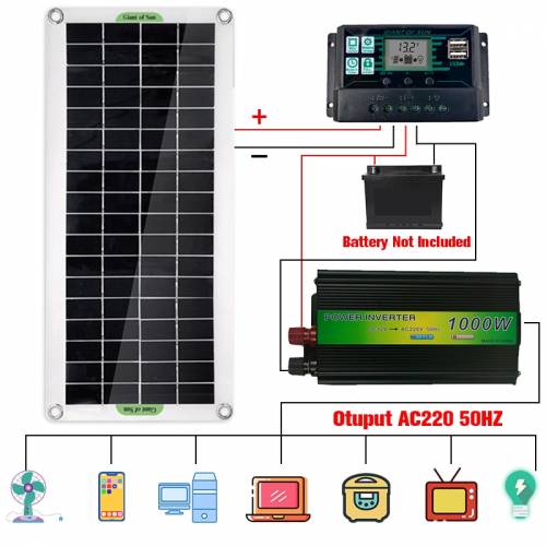Nou` Sistem de energie solara 220V 30W Panou solar Incarcator baterie 220/1000W Invertor Kit USB Controler complet Home Grid Camp