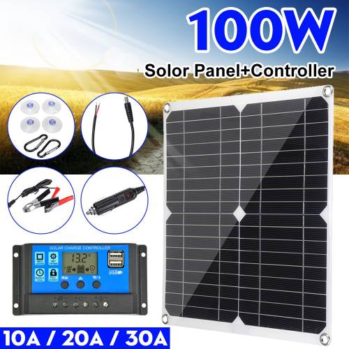 Panou solar 100w dublu 12v/5v USB cu controler 30A Celule solare rezistente la apa Celule solare polietilene pentru incarcator de baterii de iaht...