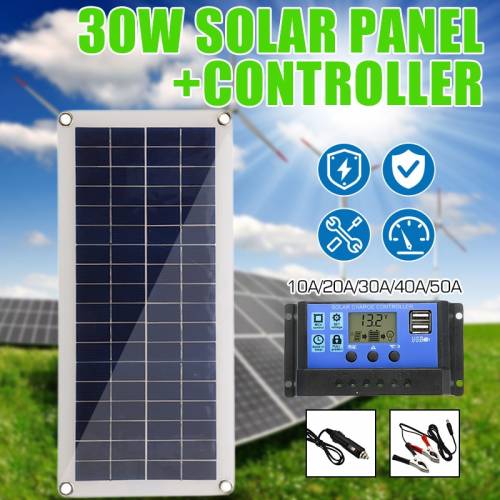 Panou solar 30W 12V Iesire dubla USB Celule solare Panou solar poli 10/20/30/40 / 50A Controler pentru incarcator de baterii pentru iaht auto