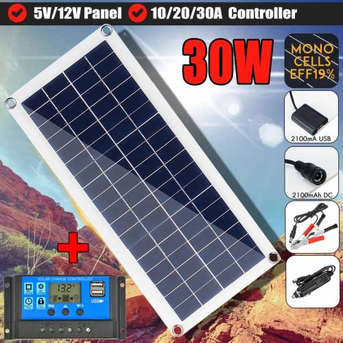 Panou solar 30W 12V policristalin cu controler Alimentare USB Portabil Ciclism in aer liber Tabara Drumetii Calatorii Incarcator solar pentru telefon...