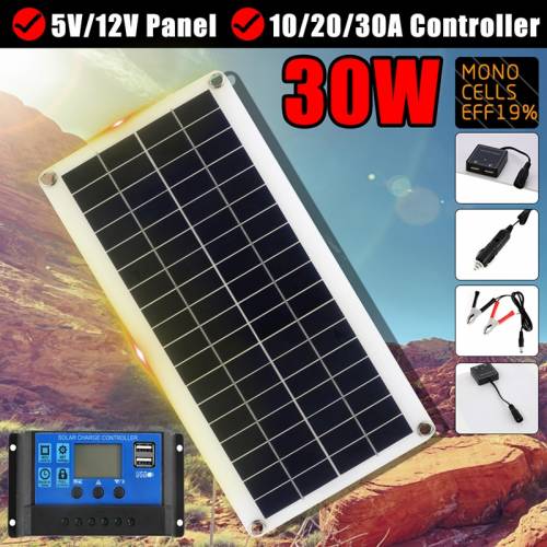 Panou solar 30W Iesire dubla USB Celule solare Panou solar poli 10/20/30/40 / 50A / 60A Controler pentru incarcator de baterie 12V / 24V