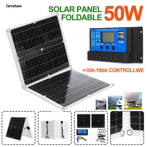 Sistem solar Panou solar pliabil 50W USB5V/18V Iesire DC in aer liber - portabil - rezistent la apa - set de controler cu placi fotovoltaice de...