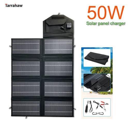 Tarrahaw Panou solar pliabil portabil in aer liber 50W 18V DC 5V Iesire USB Kit de placi pentru banca de energie solara Baterie completa pentru...