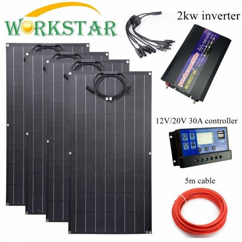 Workstar 100w Panou solar flexibil 4buc ETFE Panou Solar 100W 12V Incarcator solar 400W Sistem solar cu invertor 2kw