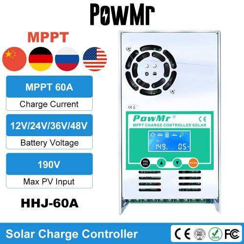 PowMr MPPT 60A Controler solar de incarcare precis 12V 24V 36V 48V Auto pentru intrare maxima de panou PV 190VDC cu afisaj LCD cu iluminare din spate