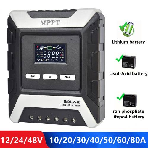 Regulator de incarcare solar MPPT 80A 60A 50A 40A 30A Regulator de panou PV pentru baterie cu litiu/plumb-acid/fosfat de fier de 12V/24V/48V