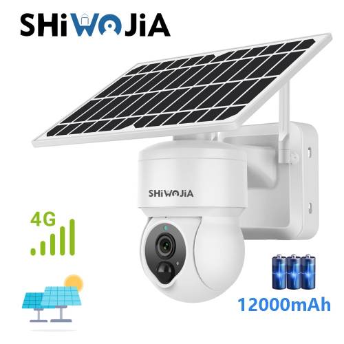 SHIWOJIA Camera 4G Sim GSM Cctv de securitate solara in aer liber cu panou solar 1080p Zoom 4X Audio bidirectional Supraveghere video fara fir