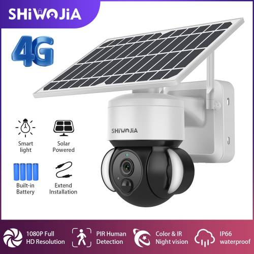 SHIWOJIA Camera cu panou solar 4G SIM Card 1080 HD PTZ Camera PIR Detectie umana Proiector Iluminat in curte Camera de securitate